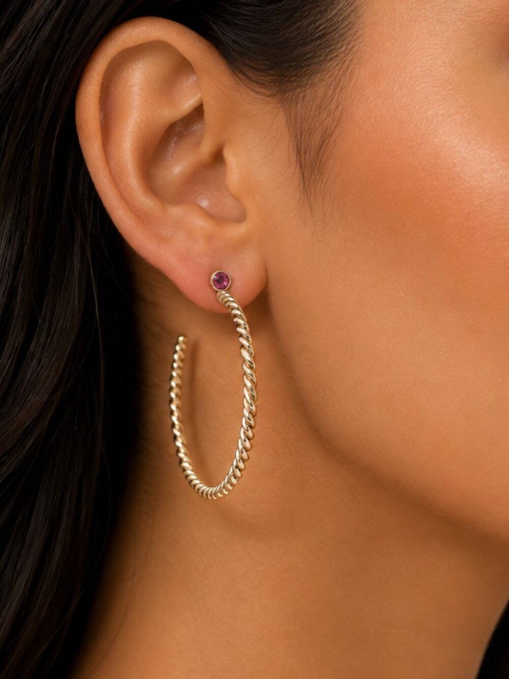 Gold Twisted Open Hoop Earrings with Pink Crystal Studs - Women Fashion Jewelry